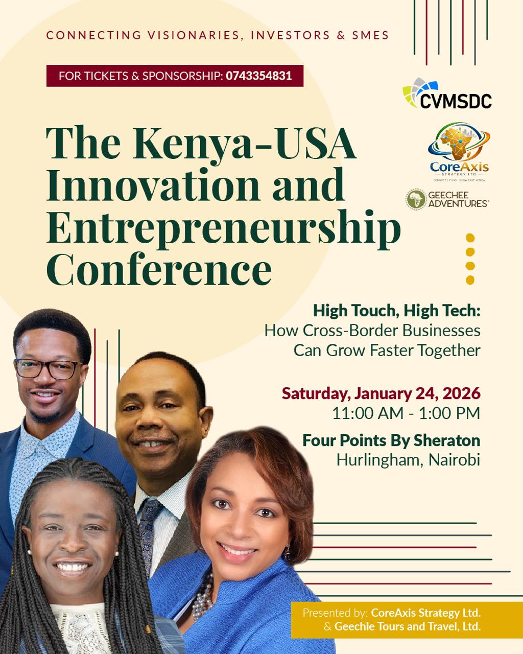 Poster for The Kenya-USA Innovation and Entrepreneurship Conference, held Saturday, January 24, 2026, at Four Points by Sheraton in Hurlingham, Nairobi.